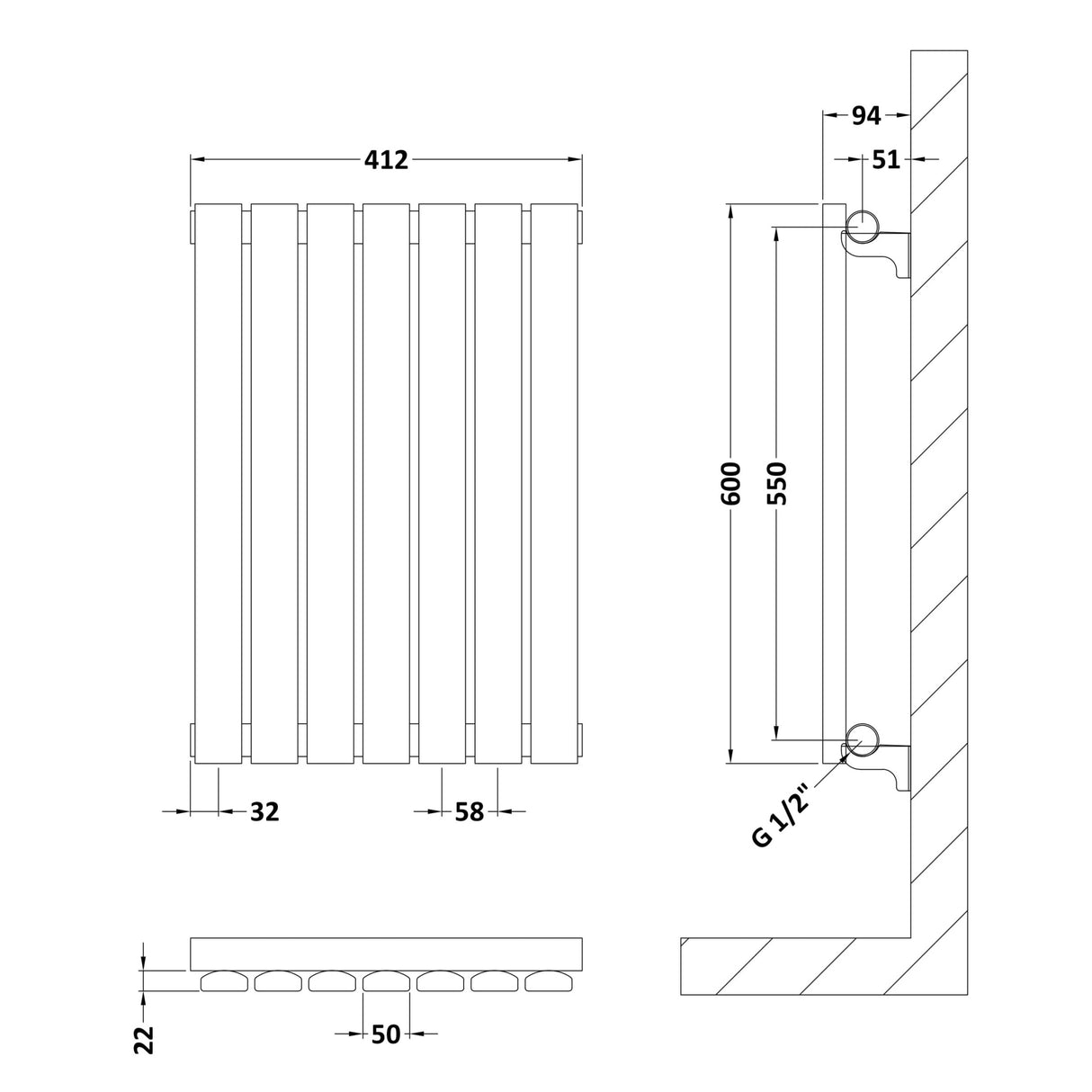 Nuie Sloane Designer Horizontal Single Panel Radiator H600 x W412mm Satin White HLW54 LD