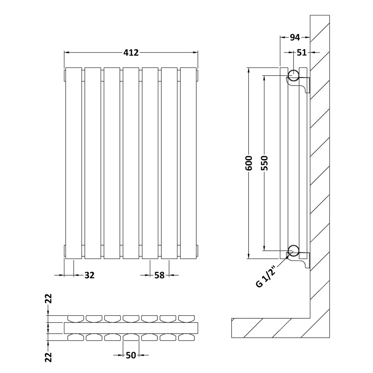 Nuie Sloane Designer Horizontal Double Panel Radiator H600 x W412mm Satin White HLW54D LD