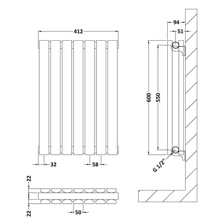 Nuie Sloane Designer Horizontal Double Panel Radiator H600 x W412mm Satin White HLW54D LD