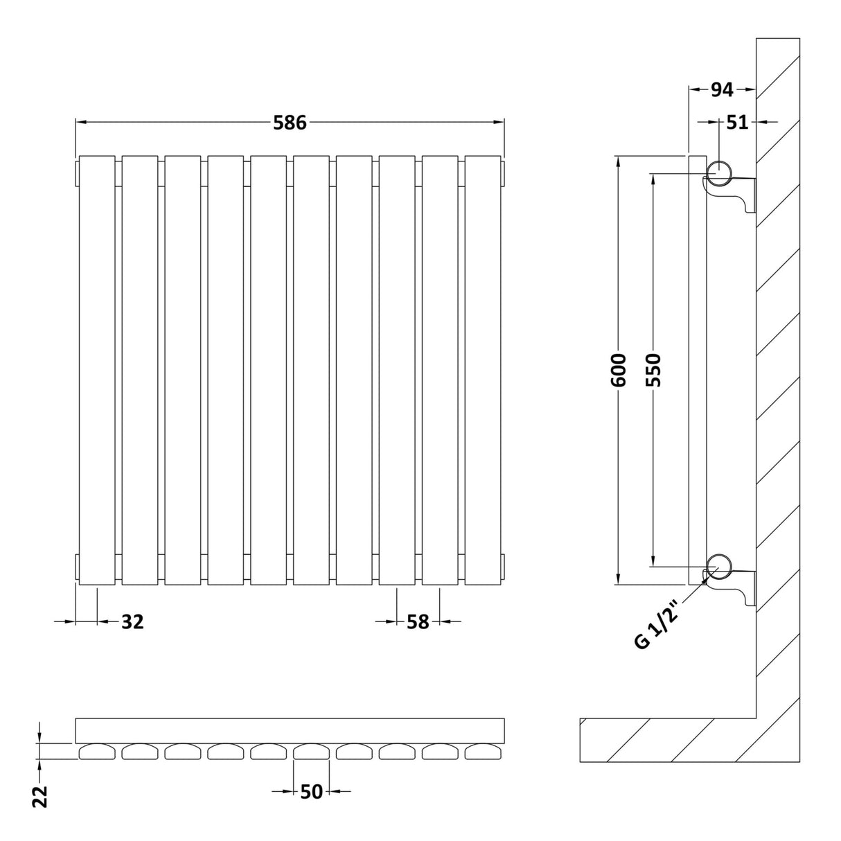 Nuie Sloane Designer Horizontal Single Panel Radiator H600 x W586mm Satin White HLW55 LD