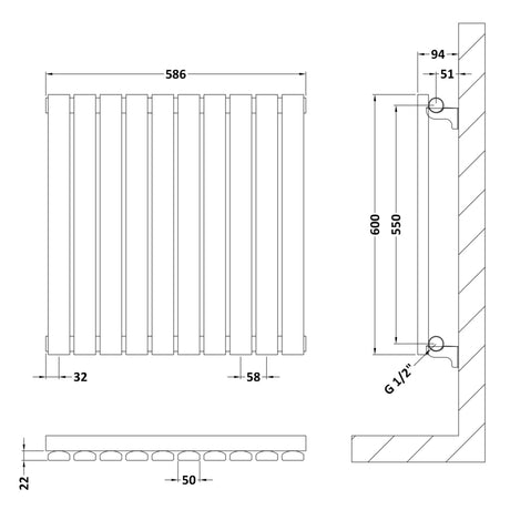 Nuie Sloane Designer Horizontal Single Panel Radiator H600 x W586mm Satin White HLW55 LD