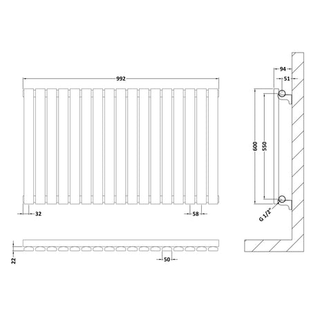 Nuie Sloane Designer Horizontal Single Panel Radiator H600 x W992mm Satin White HLW56 LD