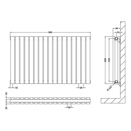 Nuie Sloane Designer Horizontal Double Panel Radiator H600 x W992mm Satin White HLW56D LD