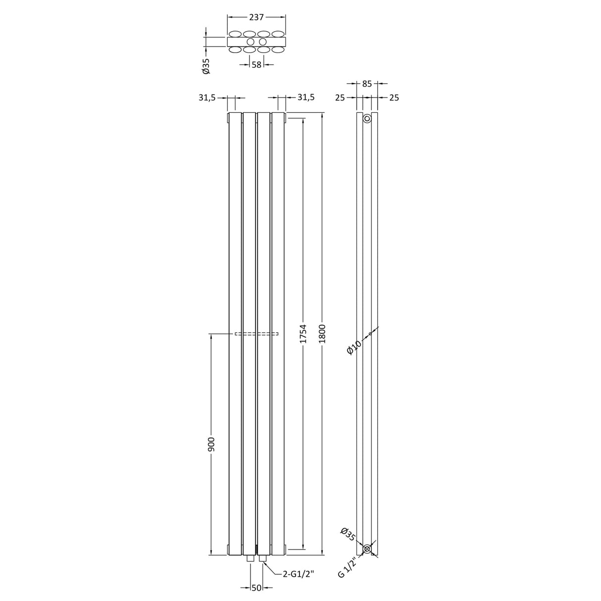 Nuie Revive Designer Vertical Compact Double Panel Radiator H1800 x W236mm Anthracite HRE009 LD
