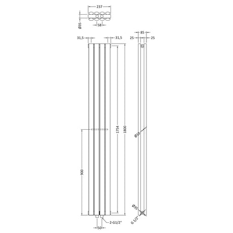 Nuie Revive Designer Vertical Compact Double Panel Radiator H1800 x W236mm Anthracite HRE009 LD