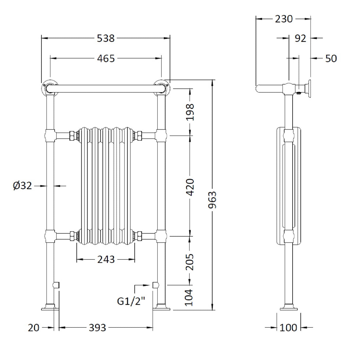 Hudson Reed Small Harrow Radiator & Heated Towel Rail H965 x W540mm White/Chrome HTD06 LD