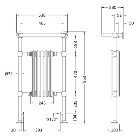 Hudson Reed Small Harrow Radiator & Heated Towel Rail H965 x W540mm White/Chrome HTD06 LD