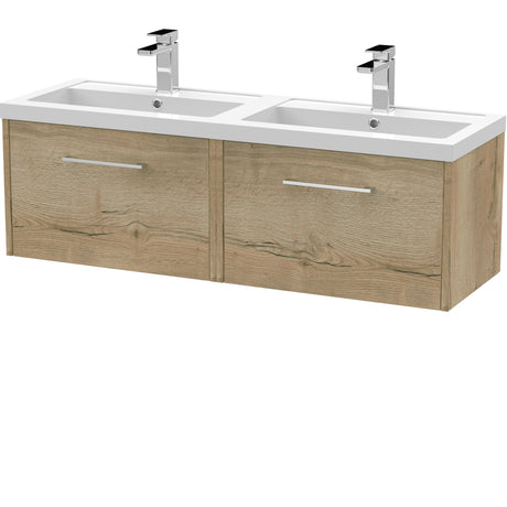 Hudson Reed Juno 1200mm Wall Hung Double Basin Vanity Unit & Basin, 2 Drawers Autumn Oak JNU1822C