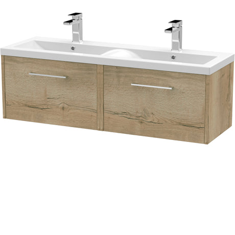 Hudson Reed Juno 1200mm Wall Hung Double Basin Vanity Unit & Basin, 2 Drawers Autumn Oak JNU1822F