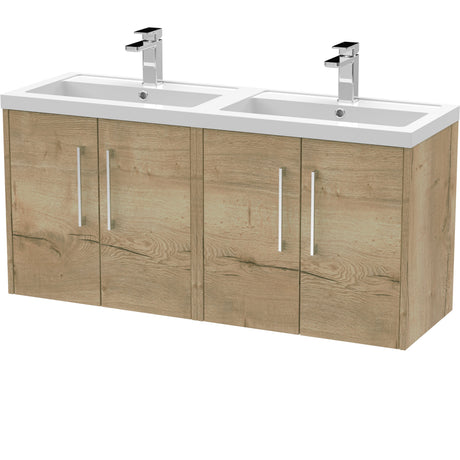 Hudson Reed Juno 1200mm Wall Hung Double Basin Vanity Unit & Basin, 4 Doors Autumn Oak JNU1823C
