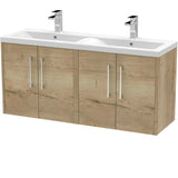 Hudson Reed Juno 1200mm Wall Hung Double Basin Vanity Unit & Basin, 4 Doors Autumn Oak JNU1823F