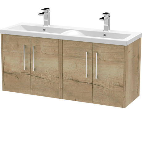 Hudson Reed Juno 1200mm Wall Hung Double Basin Vanity Unit & Basin, 4 Doors Autumn Oak JNU1823F