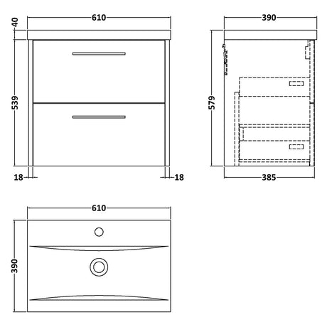 Hudson Reed Juno 600mm Wall Hung Vanity Unit & Basin, 2 Drawers Autumn Oak JNU1824A LD