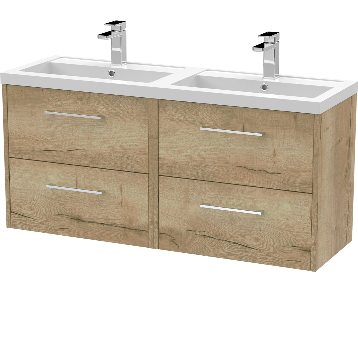 Hudson Reed Juno 1200mm Wall Hung Double Basin Vanity Unit & Basin, 4 Drawers Autumn Oak JNU1824C