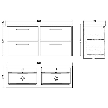 Hudson Reed Juno 1200mm Wall Hung Double Basin Vanity Unit & Basin, 4 Drawers Autumn Oak JNU1824C LD