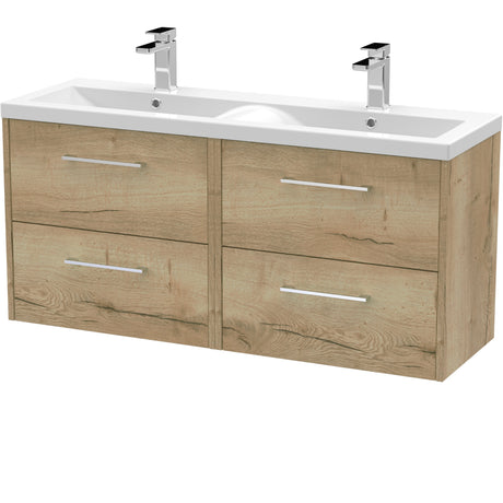 Hudson Reed Juno 1200mm Wall Hung Double Basin Vanity Unit & Basin, 4 Drawers Autumn Oak JNU1824F