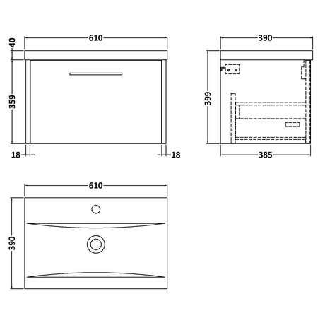 Hudson Reed Juno 600mm Wall Hung Vanity Unit & Basin, 1 Drawer Graphite Grey JNU2222A LD