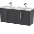 Hudson Reed Juno 1200mm Wall Hung Double Basin Vanity Unit & Basin, 4 Doors Graphite Grey JNU2223C
