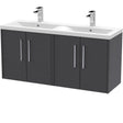 Hudson Reed Juno 1200mm Wall Hung Double Basin Vanity Unit & Basin, 4 Doors Graphite Grey JNU2223F