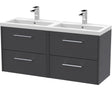 Hudson Reed Juno 1200mm Wall Hung Double Basin Vanity Unit & Basin, 4 Drawers Graphite Grey JNU2224C
