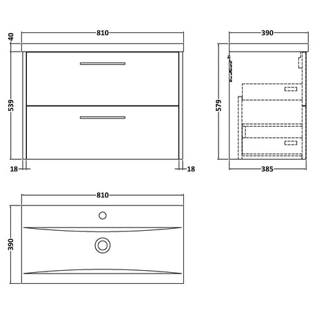 Hudson Reed Juno 800mm Wall Hung Vanity Unit & Basin, 2 Drawers Graphite Grey JNU2226A LD