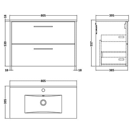 Hudson Reed Juno 800mm Wall Hung Vanity Unit & Basin, 2 Drawers Graphite Grey JNU2226B LD