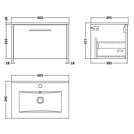 Hudson Reed Juno 600mm Wall Hung Vanity Unit & Basin, 1 Drawer Coastal Grey JNU2322B LD