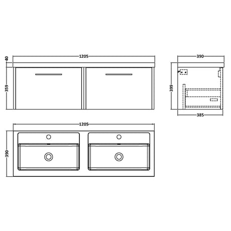 Hudson Reed Juno 1200mm Wall Hung Double Basin Vanity Unit & Basin, 2 Drawers Coastal Grey JNU2322C LD