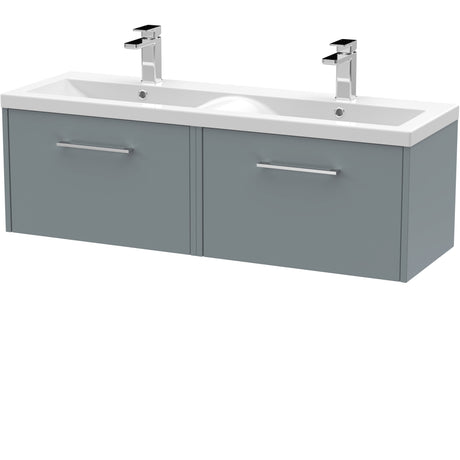 Hudson Reed Juno 1200mm Wall Hung Double Basin Vanity Unit & Basin, 2 Drawers Coastal Grey JNU2322F
