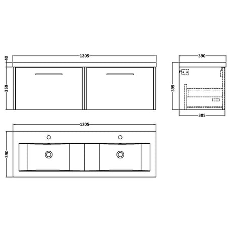 Hudson Reed Juno 1200mm Wall Hung Double Basin Vanity Unit & Basin, 2 Drawers Coastal Grey JNU2322F LD