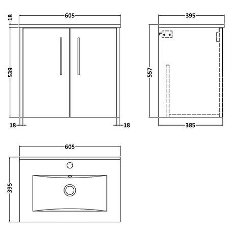 Hudson Reed Juno 600mm Wall Hung Vanity Unit & Basin, 2 Doors Coastal Grey JNU2323B LD