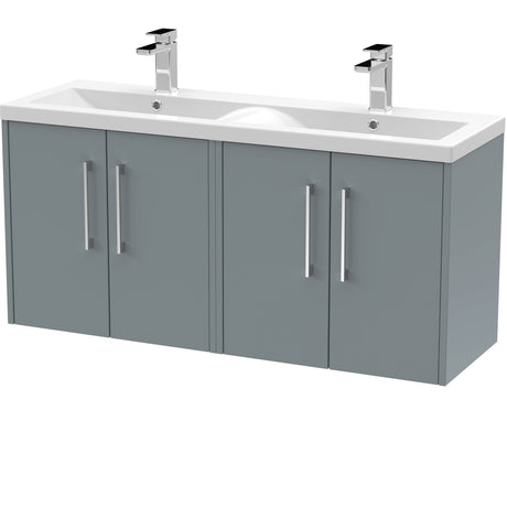 Hudson Reed Juno 1200mm Wall Hung Double Basin Vanity Unit & Basin, 4 Doors Coastal Grey JNU2323F
