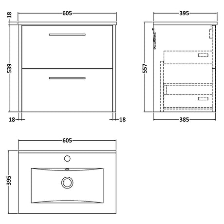 Hudson Reed Juno 600mm Wall Hung Vanity Unit & Basin, 2 Drawers Coastal Grey JNU2324B LD