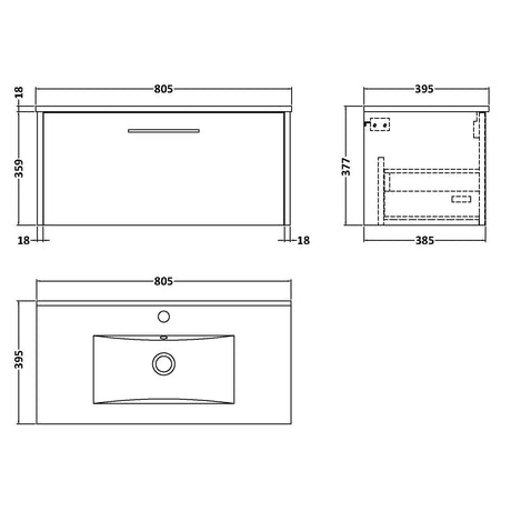 Hudson Reed Juno 800mm Wall Hung Vanity Unit & Basin, 1 Drawer Coastal Grey JNU2325B LD