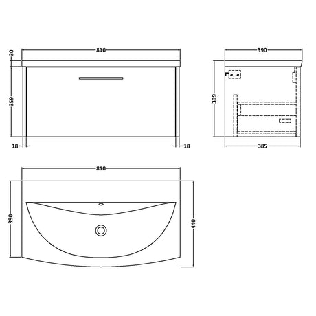 Hudson Reed Juno 800mm Wall Hung Vanity Unit & Basin, 1 Drawer Coastal Grey JNU2325G LD