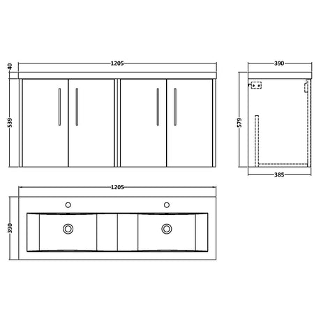 Hudson Reed Juno 1200mm Wall Hung Double Basin Vanity Unit & Basin, 4 Doors Metallic Slate JNU2623F LD