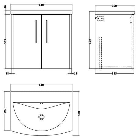Hudson Reed Juno 600mm Wall Hung Vanity Unit & Basin, 2 Doors Metallic Slate JNU2623G LD