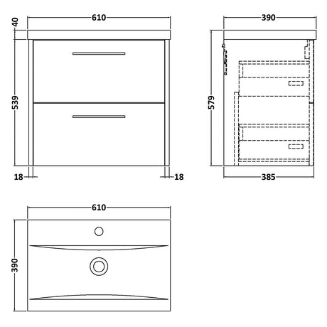 Hudson Reed Juno 600mm Wall Hung Vanity Unit & Basin, 2 Drawers Metallic Slate JNU2624A LD