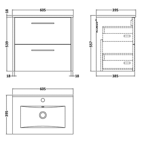Hudson Reed Juno 600mm Wall Hung Vanity Unit & Basin, 2 Drawers Metallic Slate JNU2624B LD