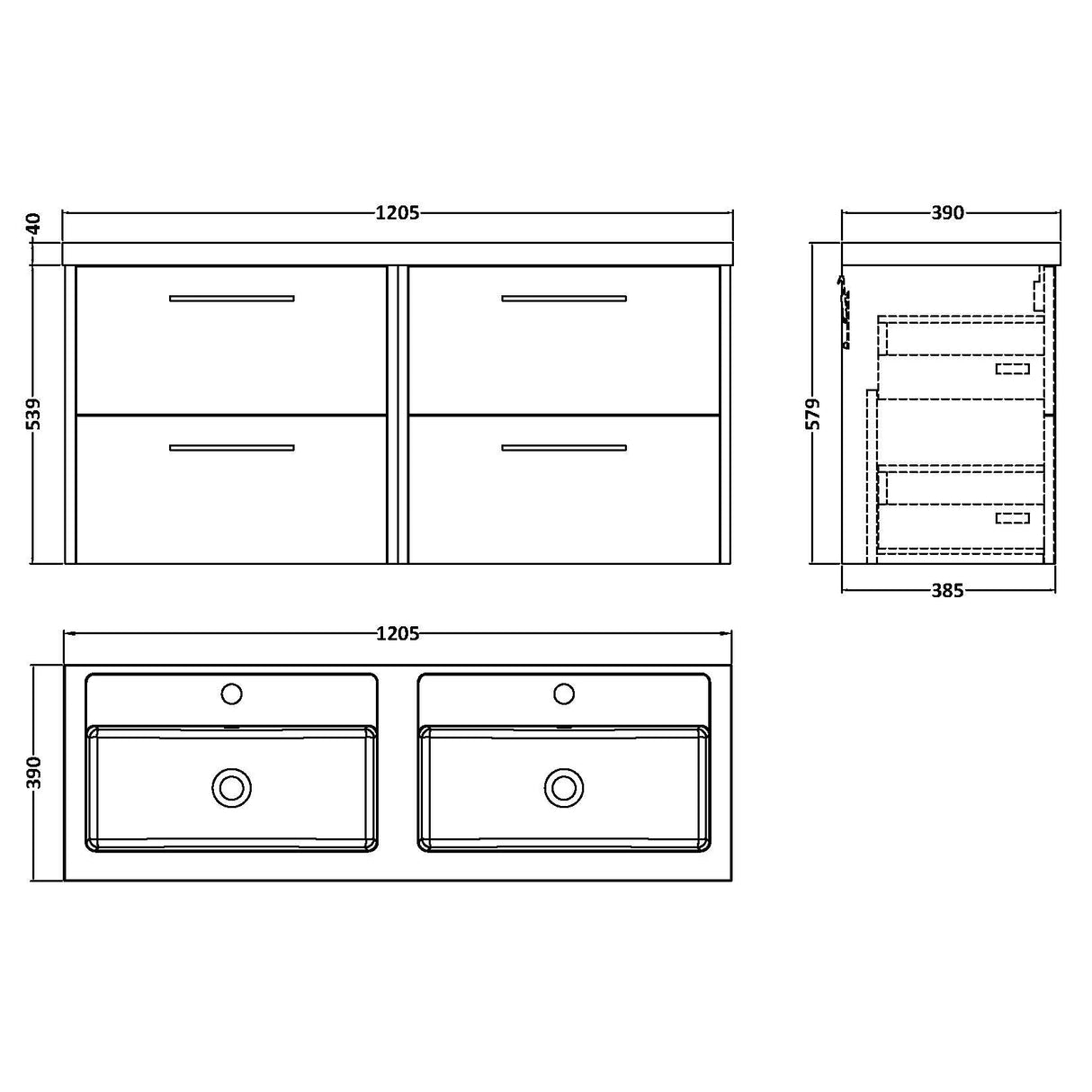 Hudson Reed Juno 1200mm Wall Hung Double Basin Vanity Unit & Basin, 4 Drawers Metallic Slate JNU2624C LD