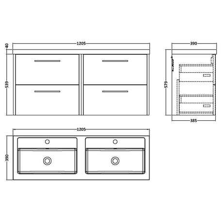 Hudson Reed Juno 1200mm Wall Hung Double Basin Vanity Unit & Basin, 4 Drawers Metallic Slate JNU2624C LD