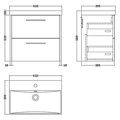Hudson Reed Juno 600mm Wall Hung Vanity Unit & Basin, 2 Drawers Metallic Slate JNU2624D LD