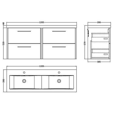 Hudson Reed Juno 1200mm Wall Hung Double Basin Vanity Unit & Basin, 4 Drawers Metallic Slate JNU2624F LD