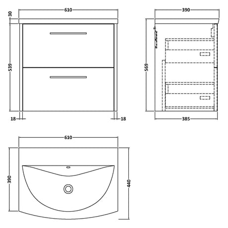 Hudson Reed Juno 600mm Wall Hung Vanity Unit & Basin, 2 Drawers Metallic Slate JNU2624G LD