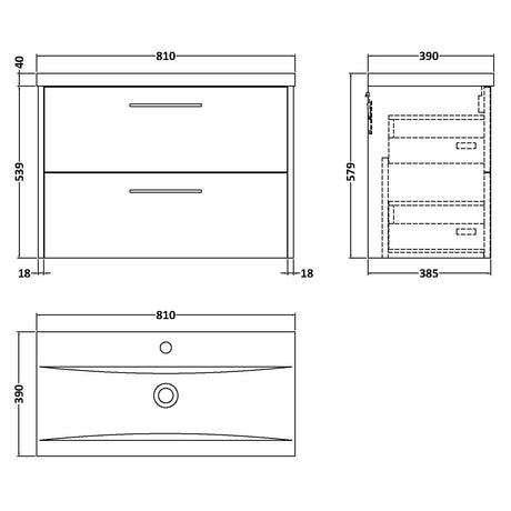 Hudson Reed Juno 800mm Wall Hung Vanity Unit & Basin, 2 Drawers Metallic Slate JNU2626A LD