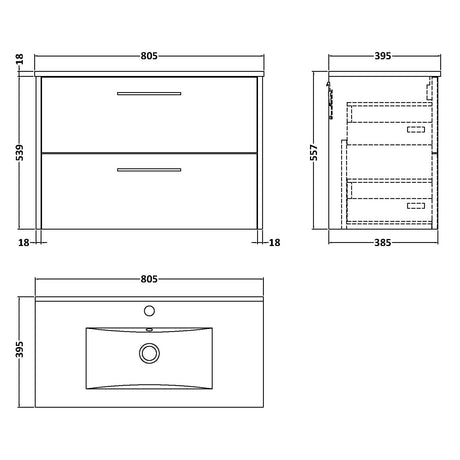 Hudson Reed Juno 800mm Wall Hung Vanity Unit & Basin, 2 Drawers Metallic Slate JNU2626B LD