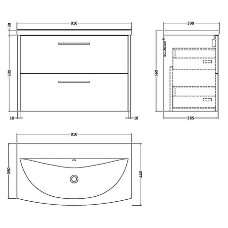 Hudson Reed Juno 800mm Wall Hung Vanity Unit & Basin, 2 Drawers Metallic Slate JNU2626G LD