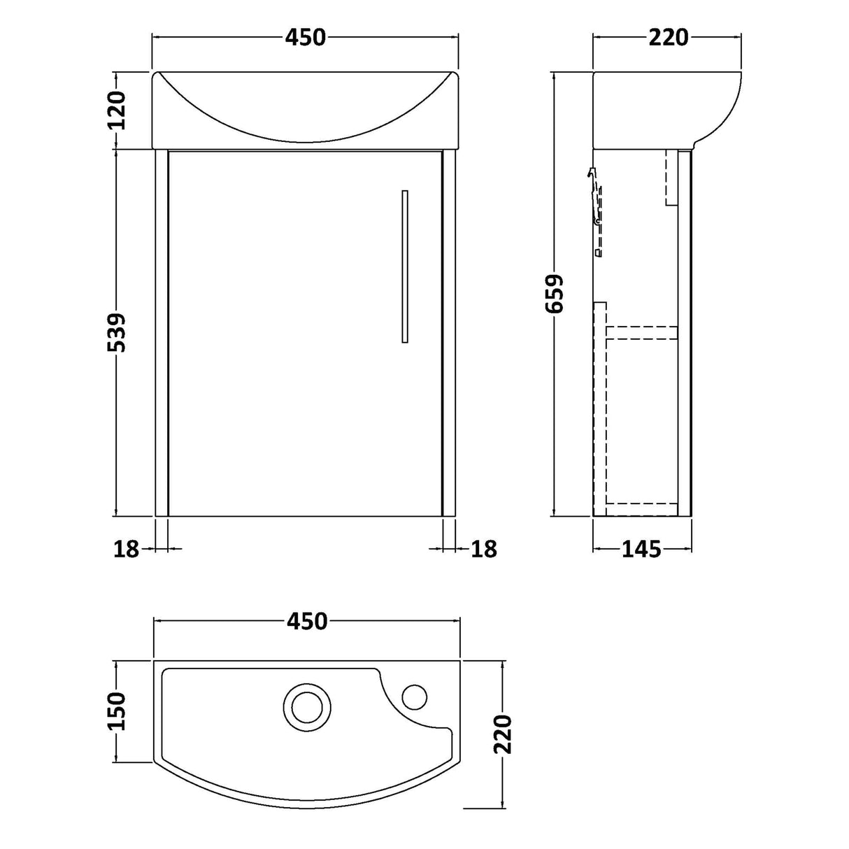 Hudson Reed Juno 440mm Compact Wall Hung Basin Vanity Unit & Basin, 1 Door Metallic Slate JNU2661L LD