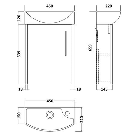 Hudson Reed Juno 440mm Compact Wall Hung Basin Vanity Unit & Basin, 1 Door Metallic Slate JNU2661L LD