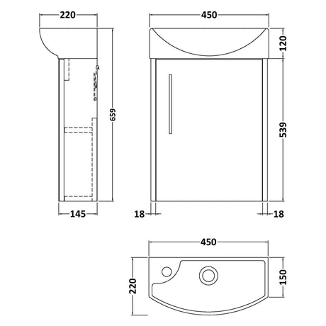 Hudson Reed Juno 440mm Compact Wall Hung Basin Vanity Unit & Basin, 1 Door Metallic Slate JNU2661R LD
